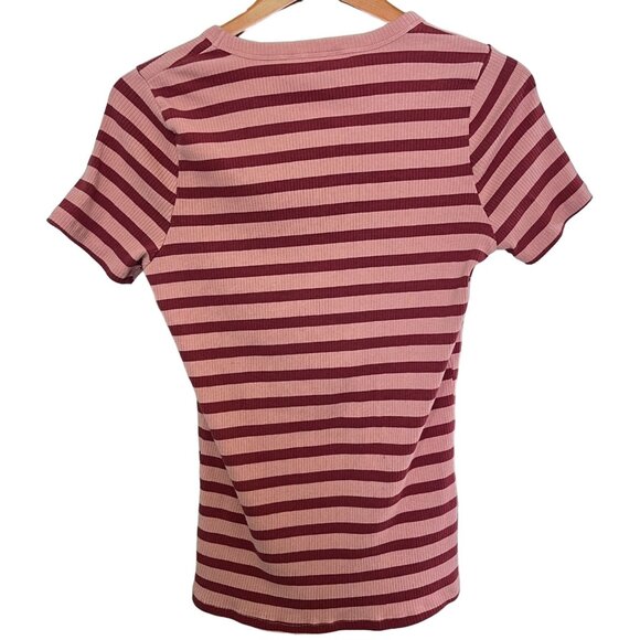 Pink Striped T Shirt Womens Size Large Cap Short Sleeve Dip Fitted Tee - Picture 2 of 7